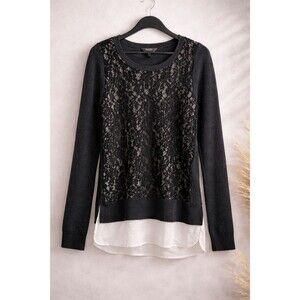 Y2K Grunge Lace Sweater Women M Vera Wang Goth Pullover Layered Hem Black